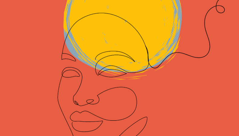 An illustration of a face with an orange, yellow, and blue background