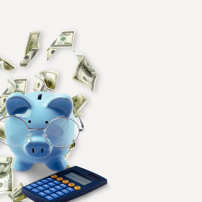 graphic of a piggy bank wearing glasses placed behind a calculator with dollar bills in the foreground