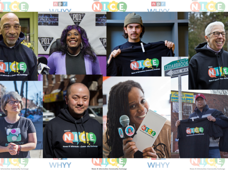 Eight different photos of people holding or wearing swag for the NICE project by WHYY
