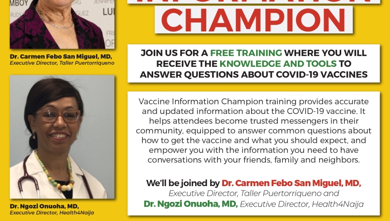 Poster advertising free information and training about the COVID vaccine