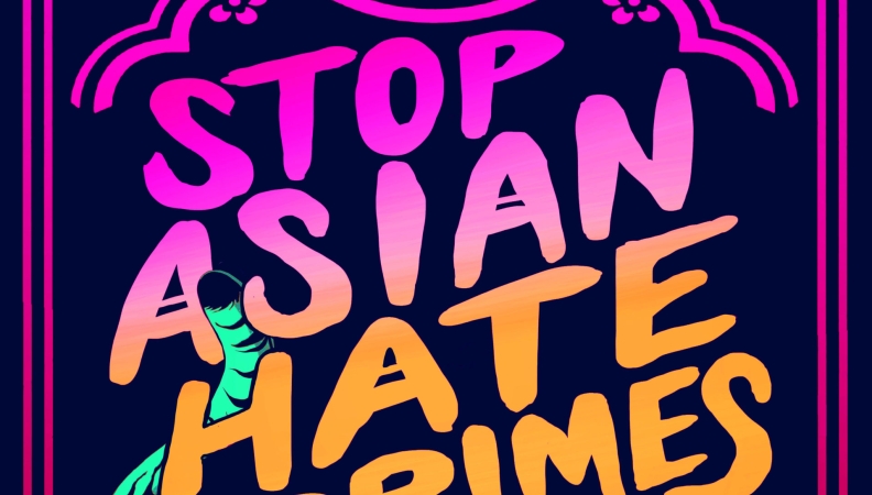 a green and pink graphic that reads 'stop Asian hate crimes'