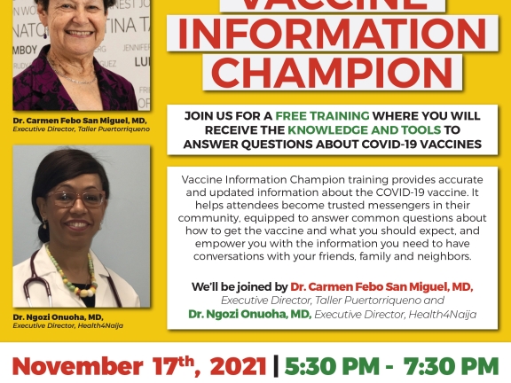 Poster advertising free information and training about the COVID vaccine