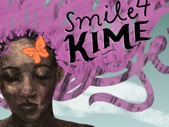 Artwork of a person in a chair in front of another person with SMILE 4 KIME written in their pink hair