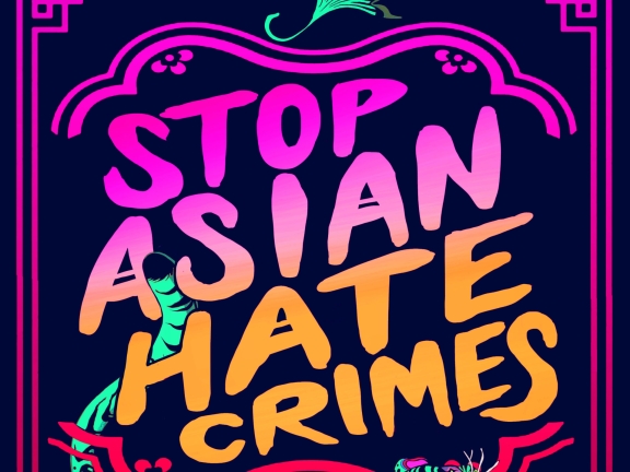 a green and pink graphic that reads 'stop Asian hate crimes'