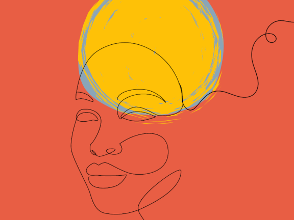 An illustration of a face with an orange, yellow, and blue background