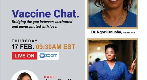 Poster advertising a virtual vaccine chat with a host and two attendees